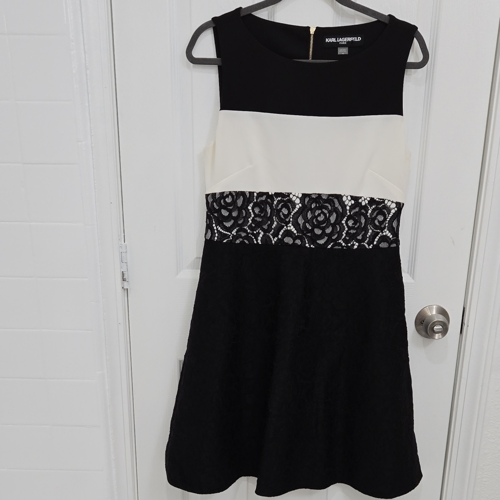 Karl Lagerfeld Black and White Dress with Lace Detail